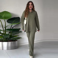 Asymmetric Hem Knit Top and Wide-Leg Pants Set in Olive — front view on model or garment