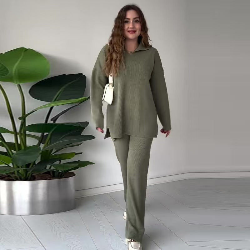 Asymmetric Hem Knit Top and Wide-Leg Pants Set in Olive — front view on model or garment
