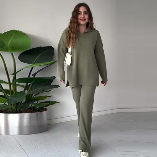 Asymmetric Hem Knit Top and Wide-Leg Pants Set in Olive — front view on model or garment