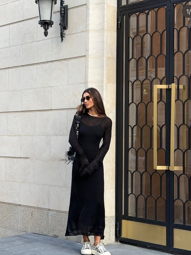 Sheer Long-Sleeve Knit Maxi Dress in Black — full-length view on model