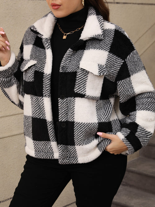 Plus-Size Buffalo Check Plush Shirt Jacket in Black & White Check — buttoned, on model