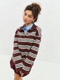 Relaxed Striped Long Sleeve Polo Shirt in Maroon Stripe — front view on model, over a collared shirt
