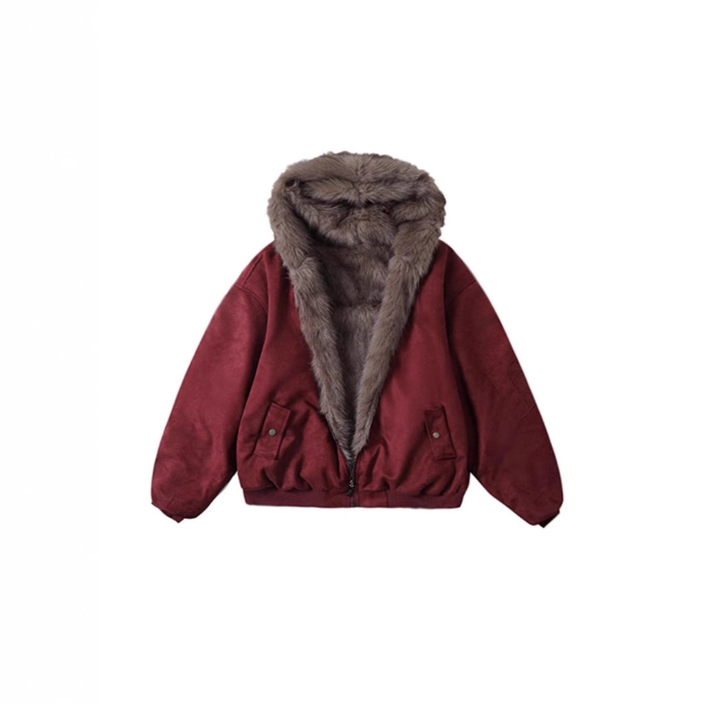 Reversible Faux Fur Hooded Jacket with Suede-Look Shell in Burgundy — laid flat, front view