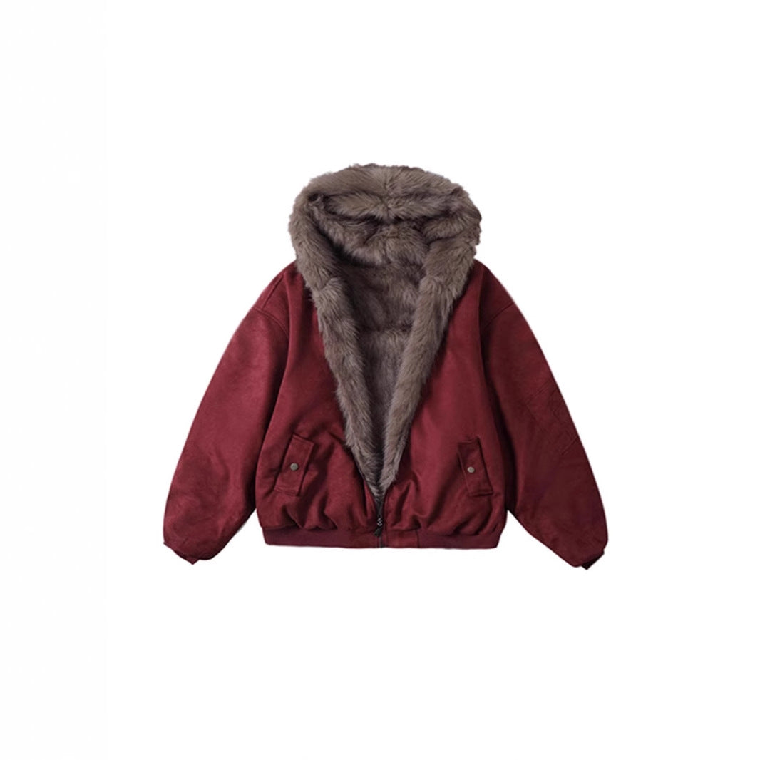 Reversible Faux Fur Hooded Jacket with Suede-Look Shell in Burgundy — laid flat, front view