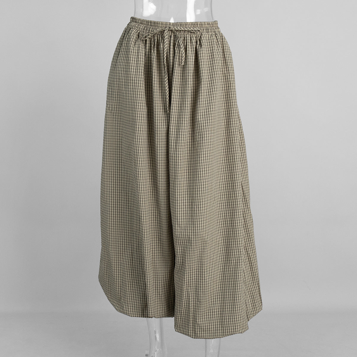 Cotton-Rayon Check Balloon Harem Pants in Khaki Check — front view on mannequin