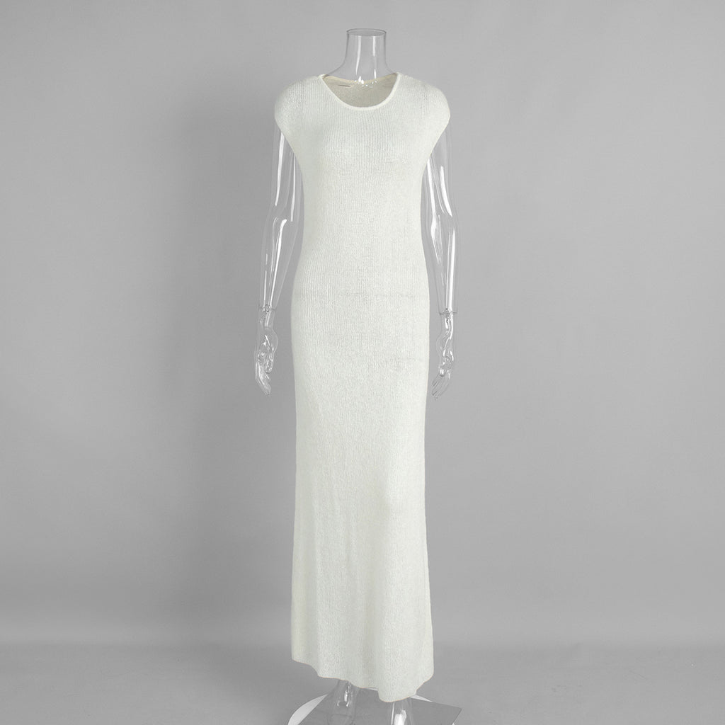 Airy Knit Long Cardigan & Sleeveless Maxi Dress Set in Ivory — dress on its own