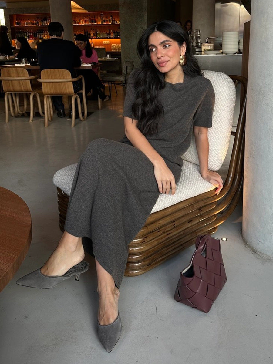 Short Sleeve Knit Top & Maxi Skirt Set in Charcoal — set worn on model, seated