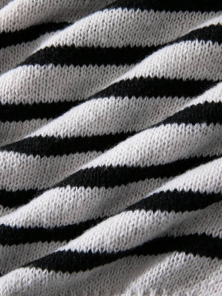 Striped Crew-Neck Cardigan with Gold Buttons in Cream & Black — close-up of the knit