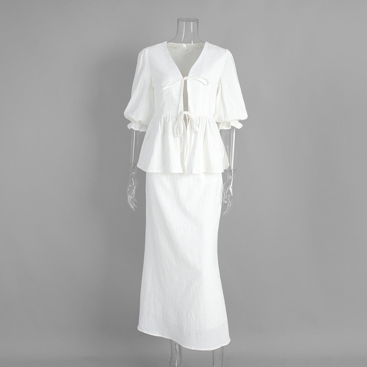 Tie-Front Puff-Sleeve Top & Maxi Skirt Set in White — front view on mannequin