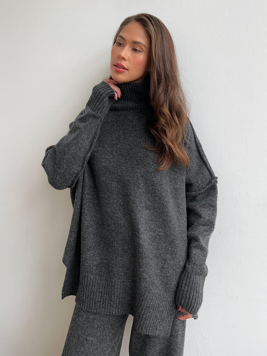 Oversized Turtleneck Sweater & Wide-Leg Knit Pants Set in Charcoal — sweater close-up on model