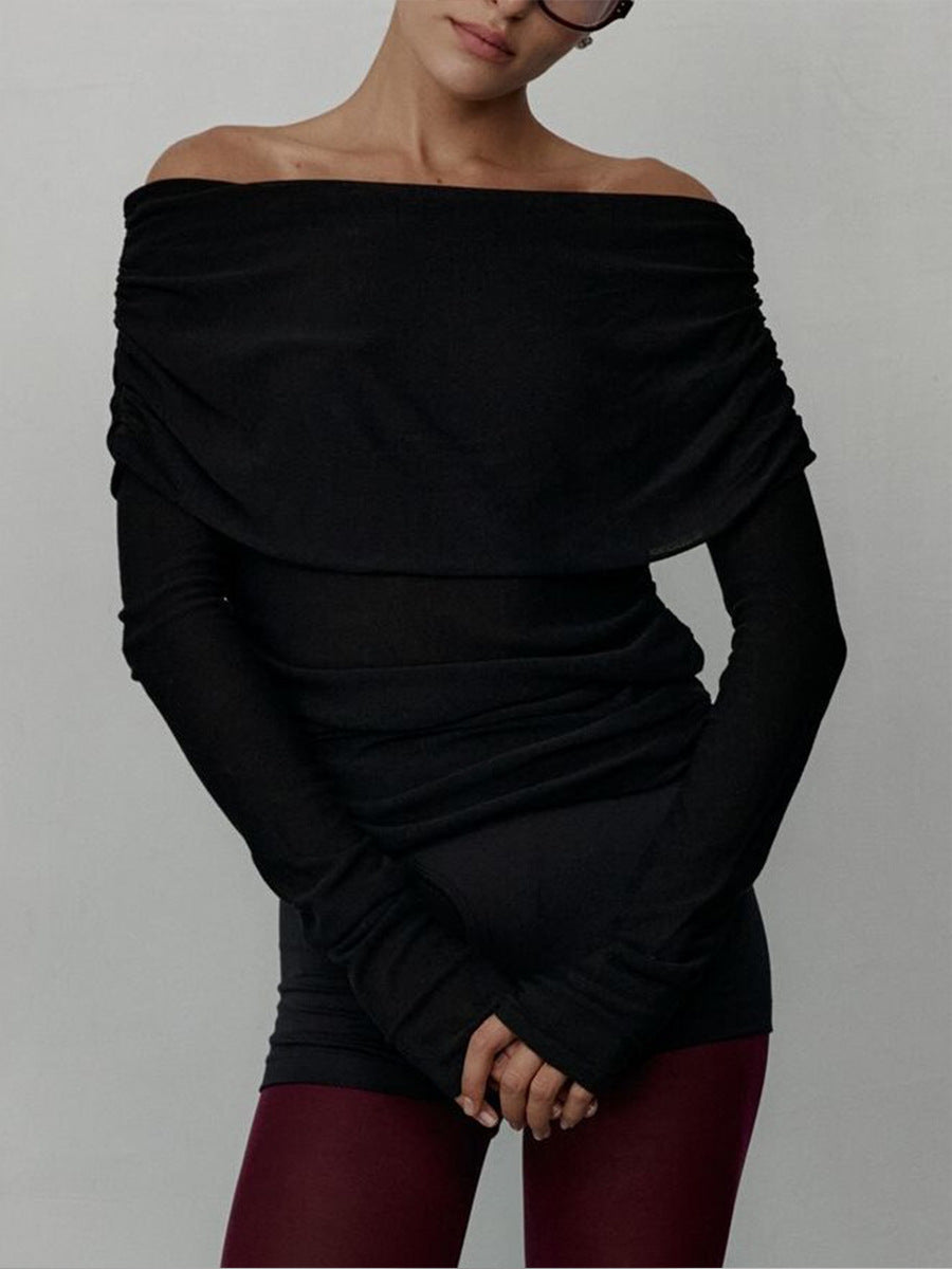 Off-Shoulder Fold-Over Knit Sweater in Black — front view on model