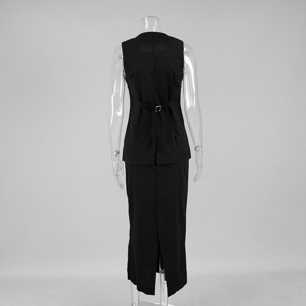 Linen-Blend Vest & Column Maxi Skirt Set in Black — back view on mannequin