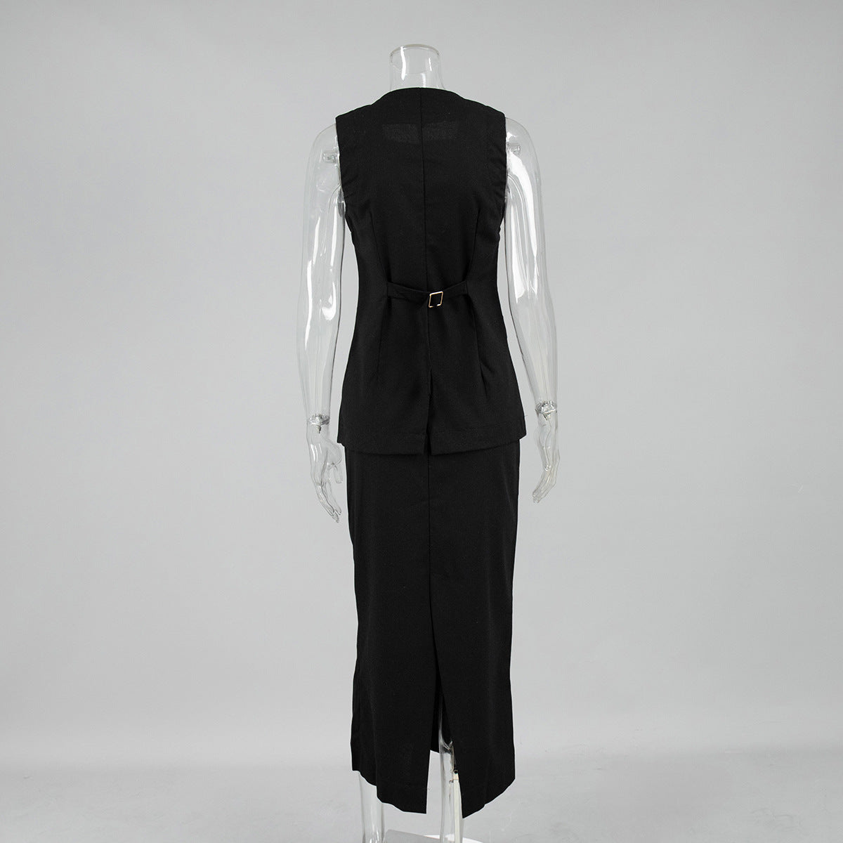 Linen-Blend Vest & Column Maxi Skirt Set in Black — back view on mannequin