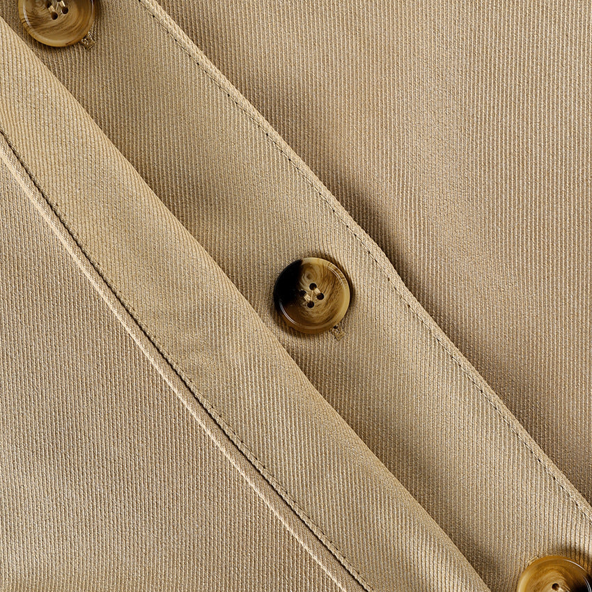 Belted Twill Utility Jacket with Epaulettes in Tan — close-up of the horn-look buttons