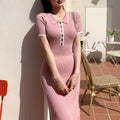 Contrast Collar Short Sleeve Ribbed Midi Dress in Dusty Pink — front view on model or garment