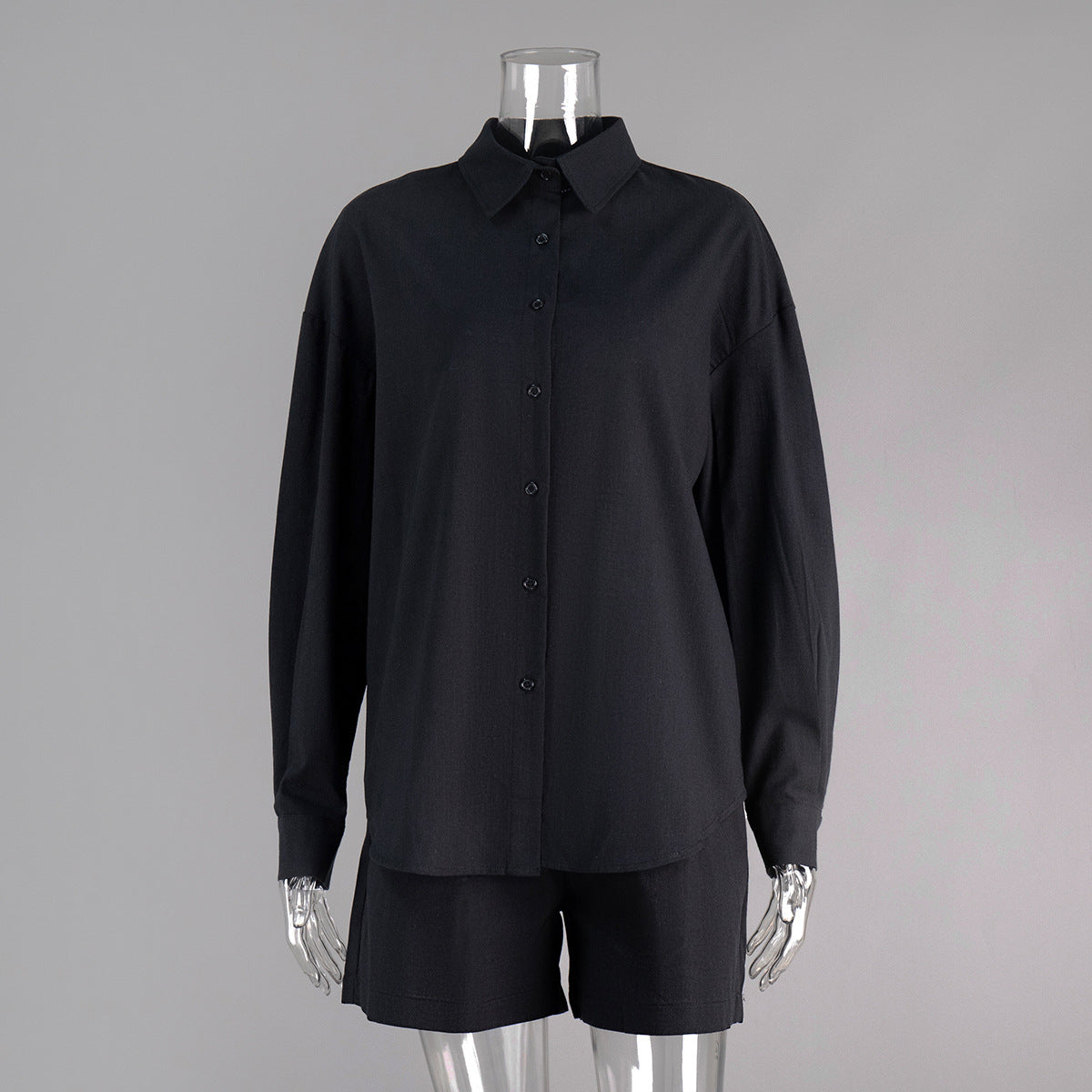 Oversized Cotton Shirt & Elastic-Waist Shorts Set in Black — set on mannequin