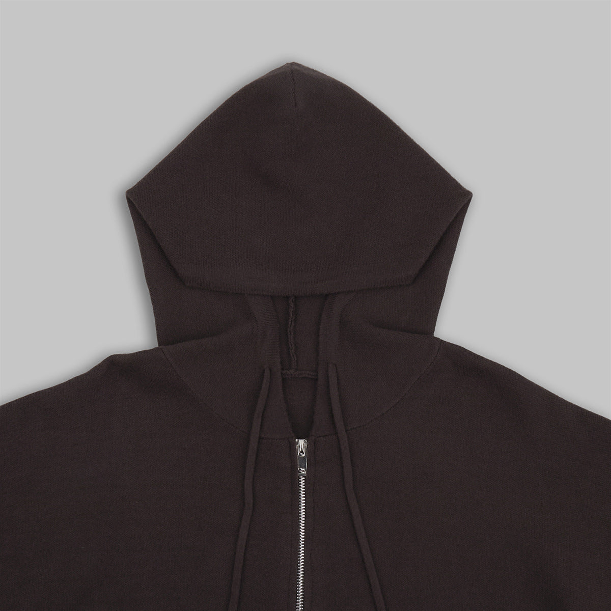 Oversized Hooded Zip-Up Knit & Drawstring Wide-Leg Pants Set in Chocolate — close-up of the hood