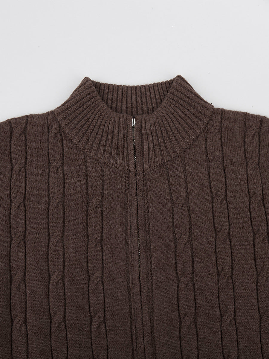 Cable Knit Zip-Up Sweater & Straight-Leg Knit Pants Set in Chocolate — close-up of the stand collar and cable knit