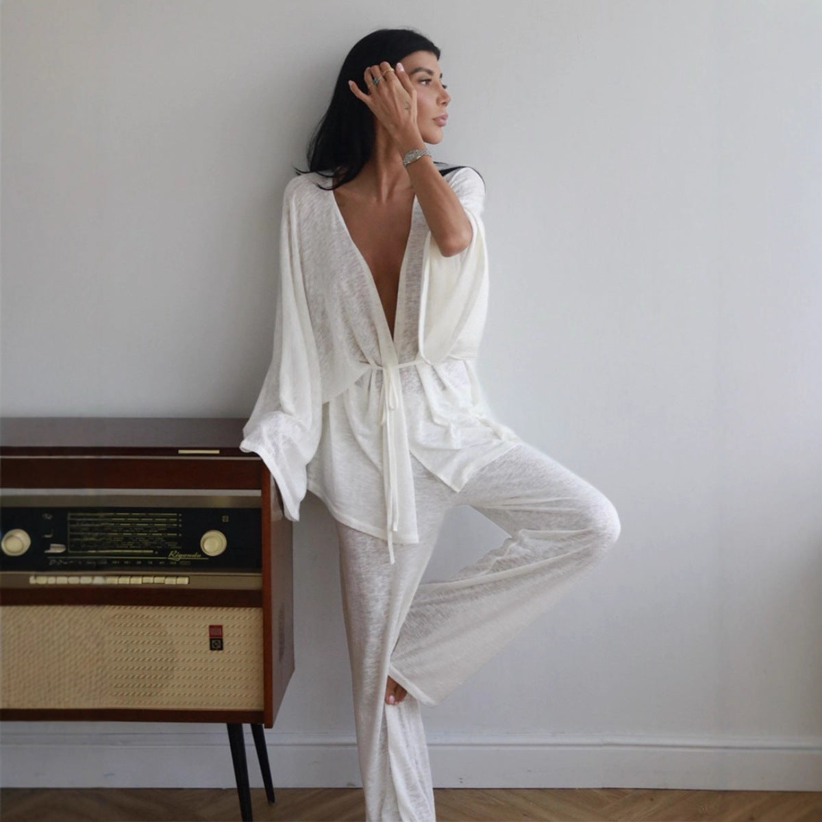Wrap Tie Top & Wide-Leg Lounge Pants Set in White — front view on model