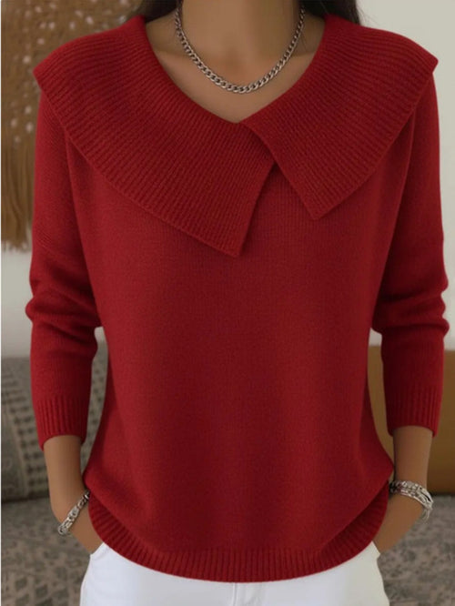 Oversized Pointed-Collar Knit Sweater in Burgundy — front view on model
