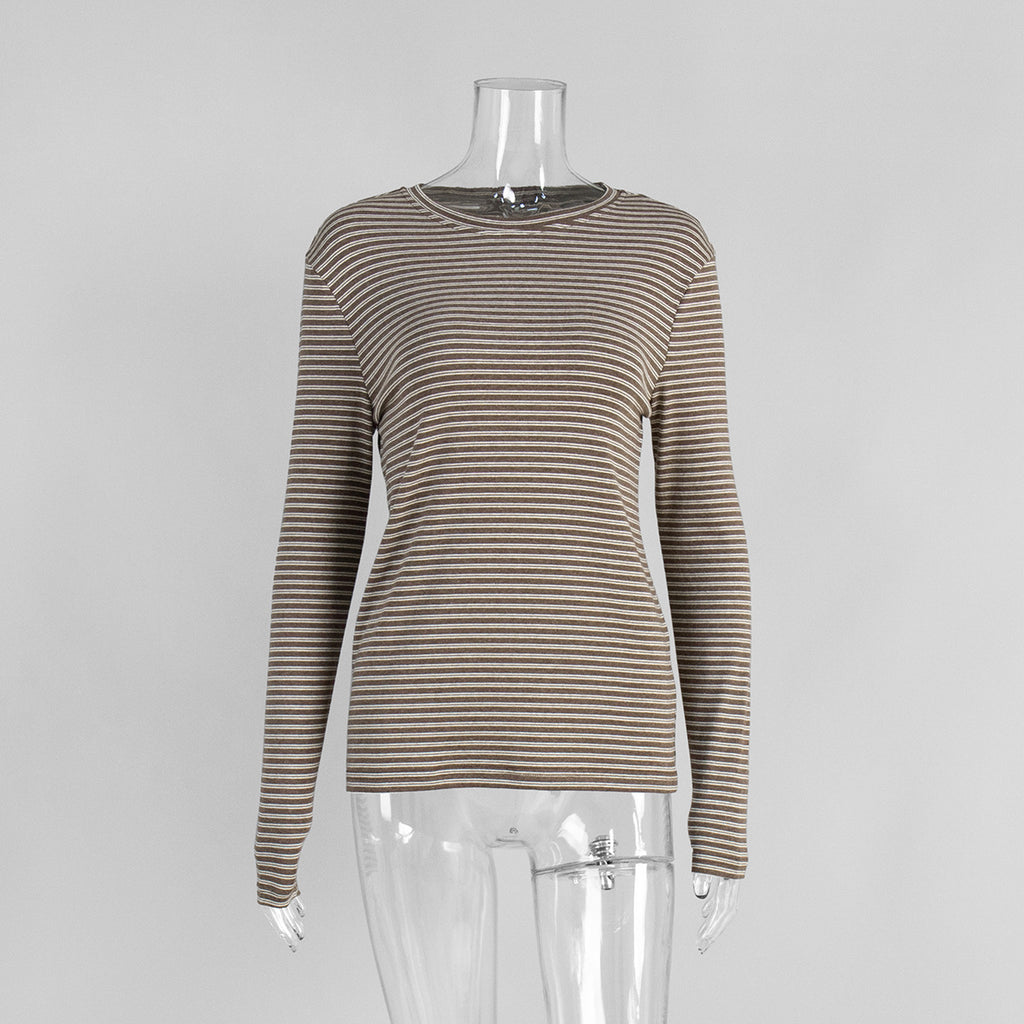 Striped Cotton Crew Neck Long Sleeve Tee in Mocha Stripe — front view