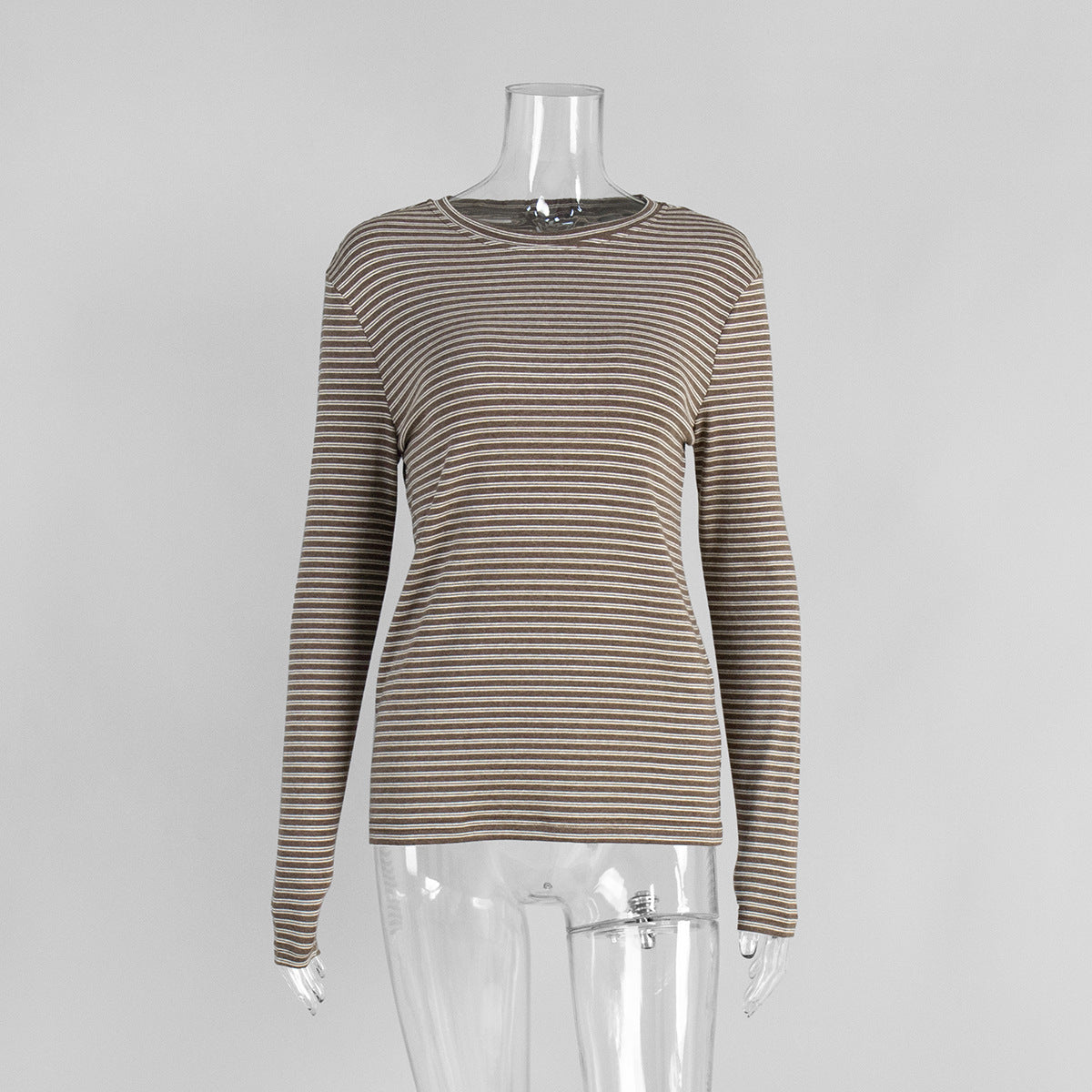 Striped Cotton Crew Neck Long Sleeve Tee in Mocha Stripe — front view