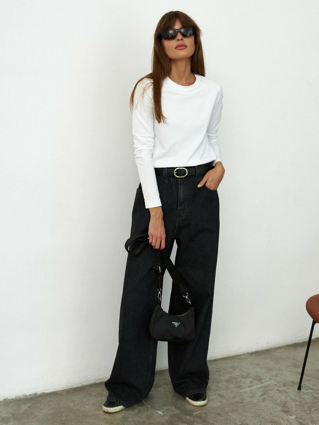 Everyday Cotton Crew Neck Long Sleeve Tee in White — full-length view