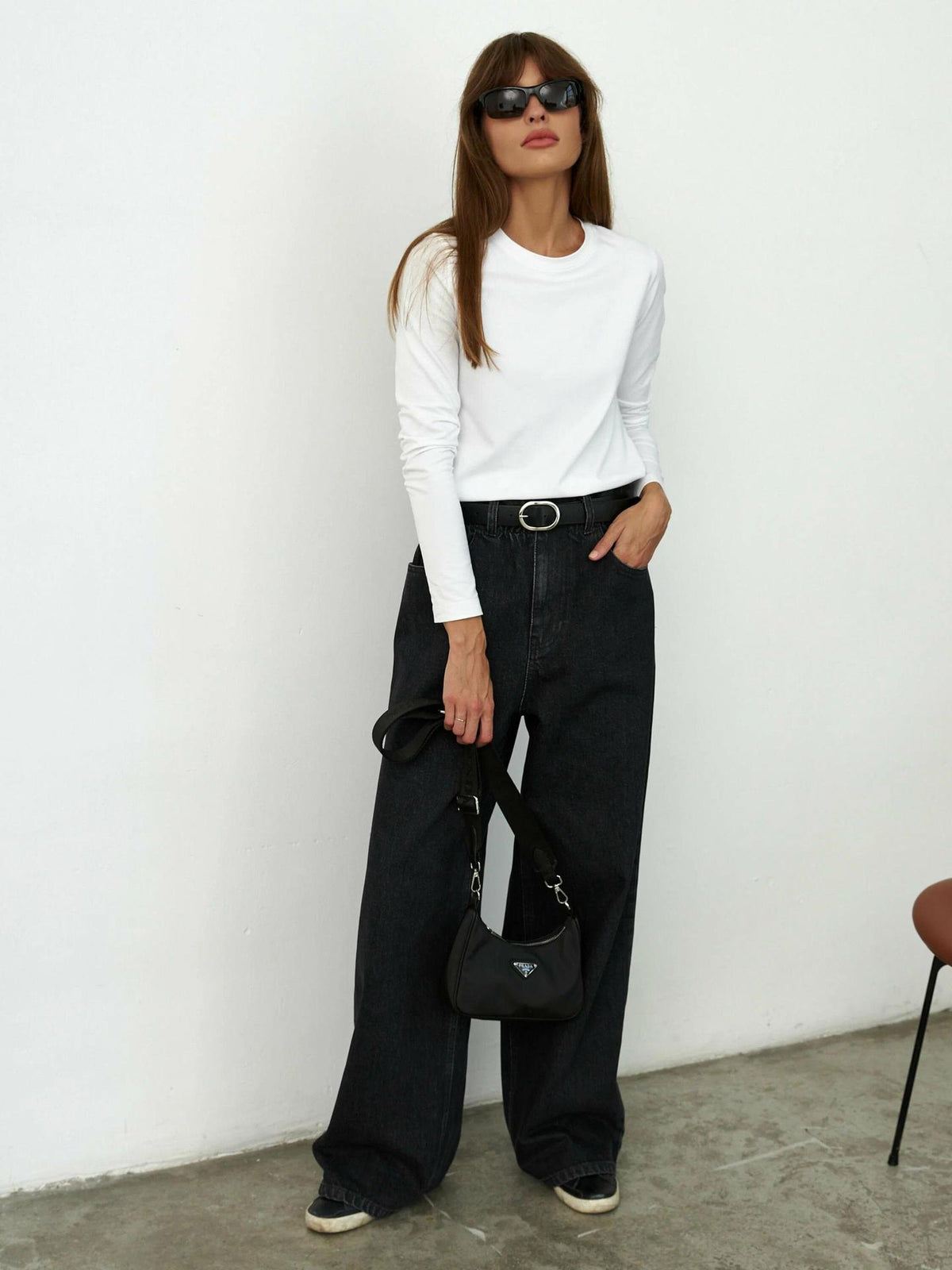 Everyday Cotton Crew Neck Long Sleeve Tee in White — full-length view
