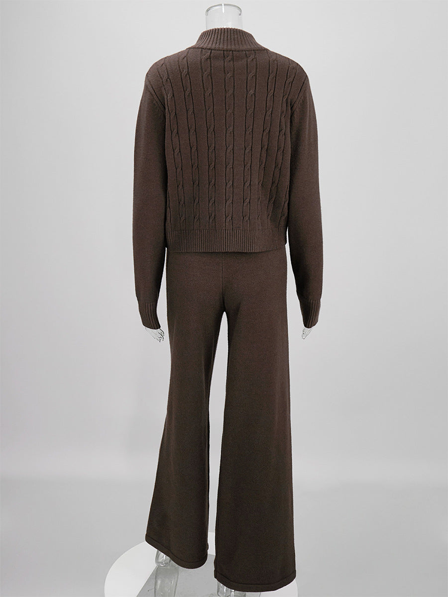 Cable Knit Zip-Up Sweater & Straight-Leg Knit Pants Set in Chocolate — set back view