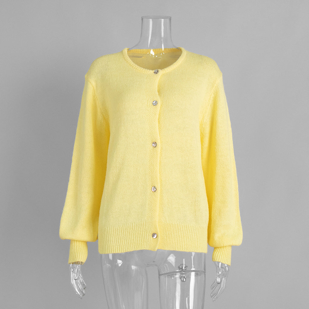 Soft Fuzzy Crew Neck Button Cardigan in Lemon — front view