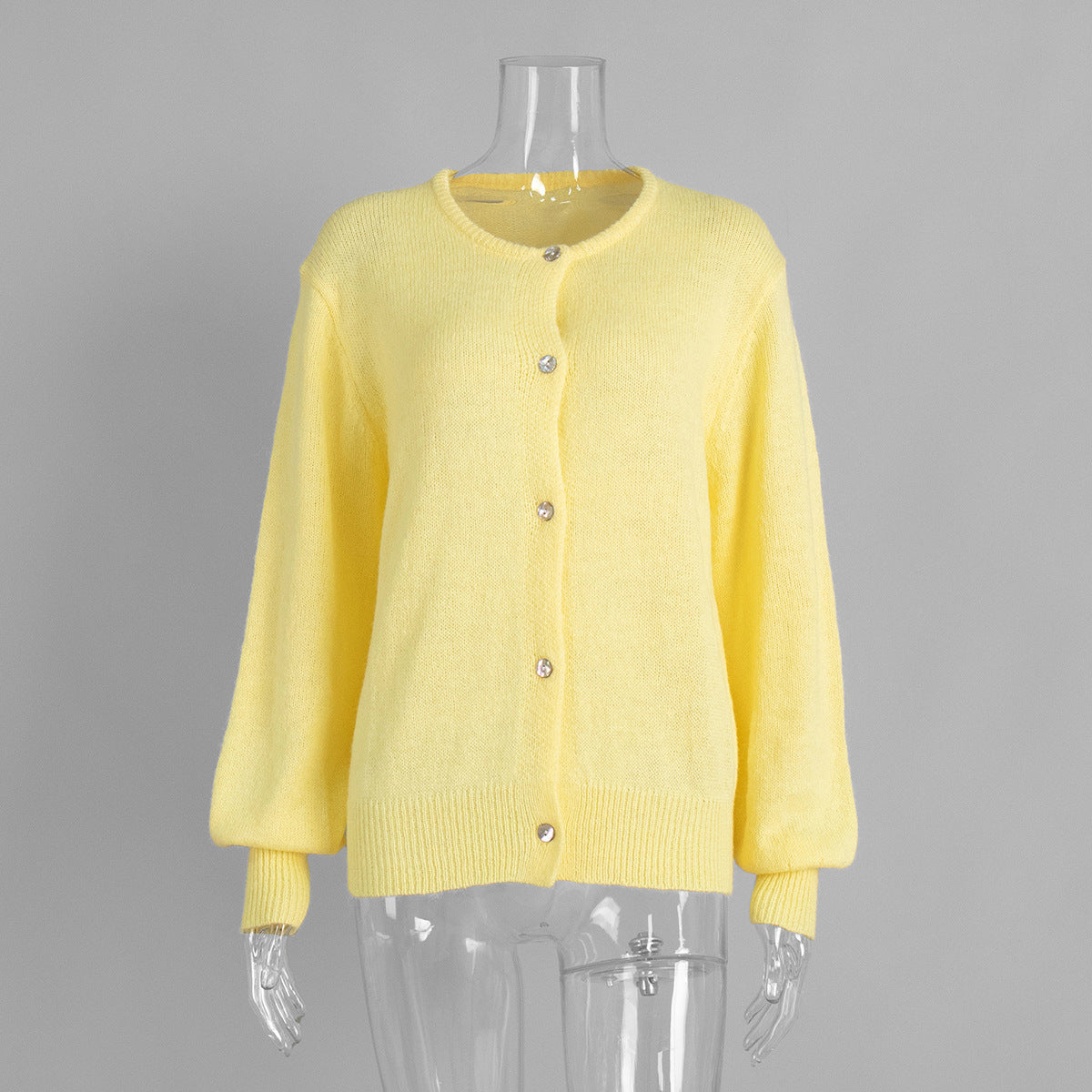Soft Fuzzy Crew Neck Button Cardigan in Lemon — front view