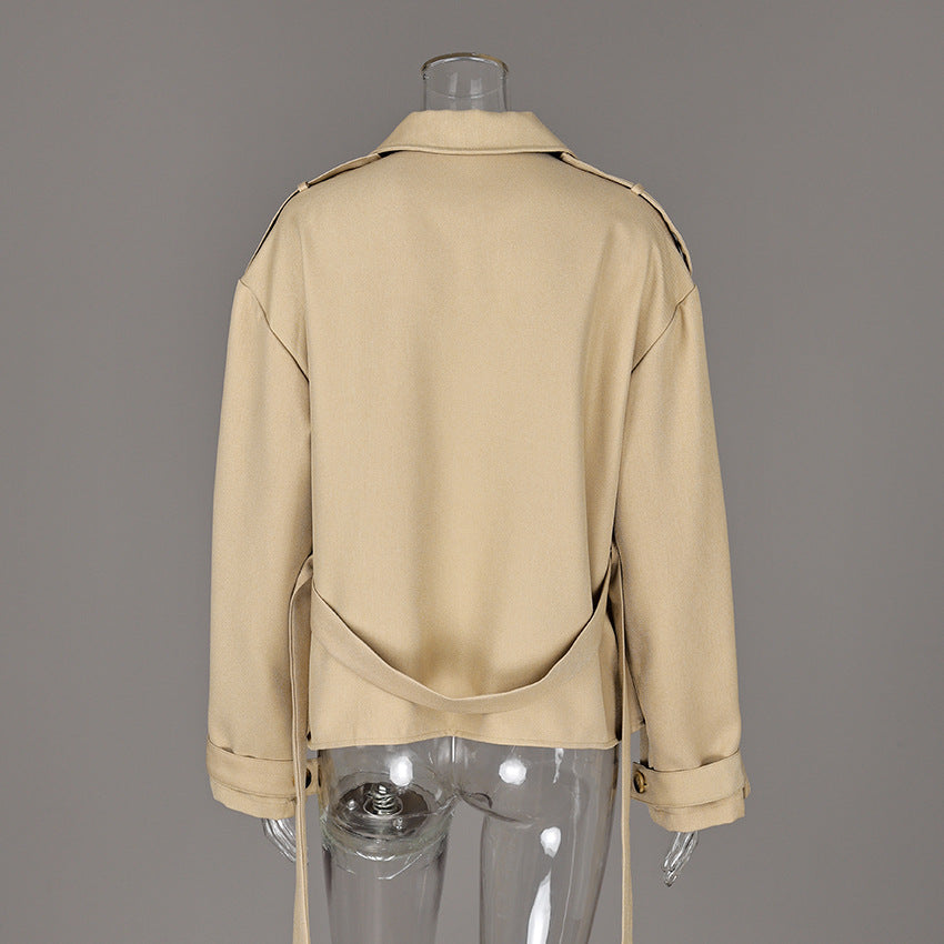 Belted Twill Utility Jacket with Epaulettes in Tan — back view on mannequin