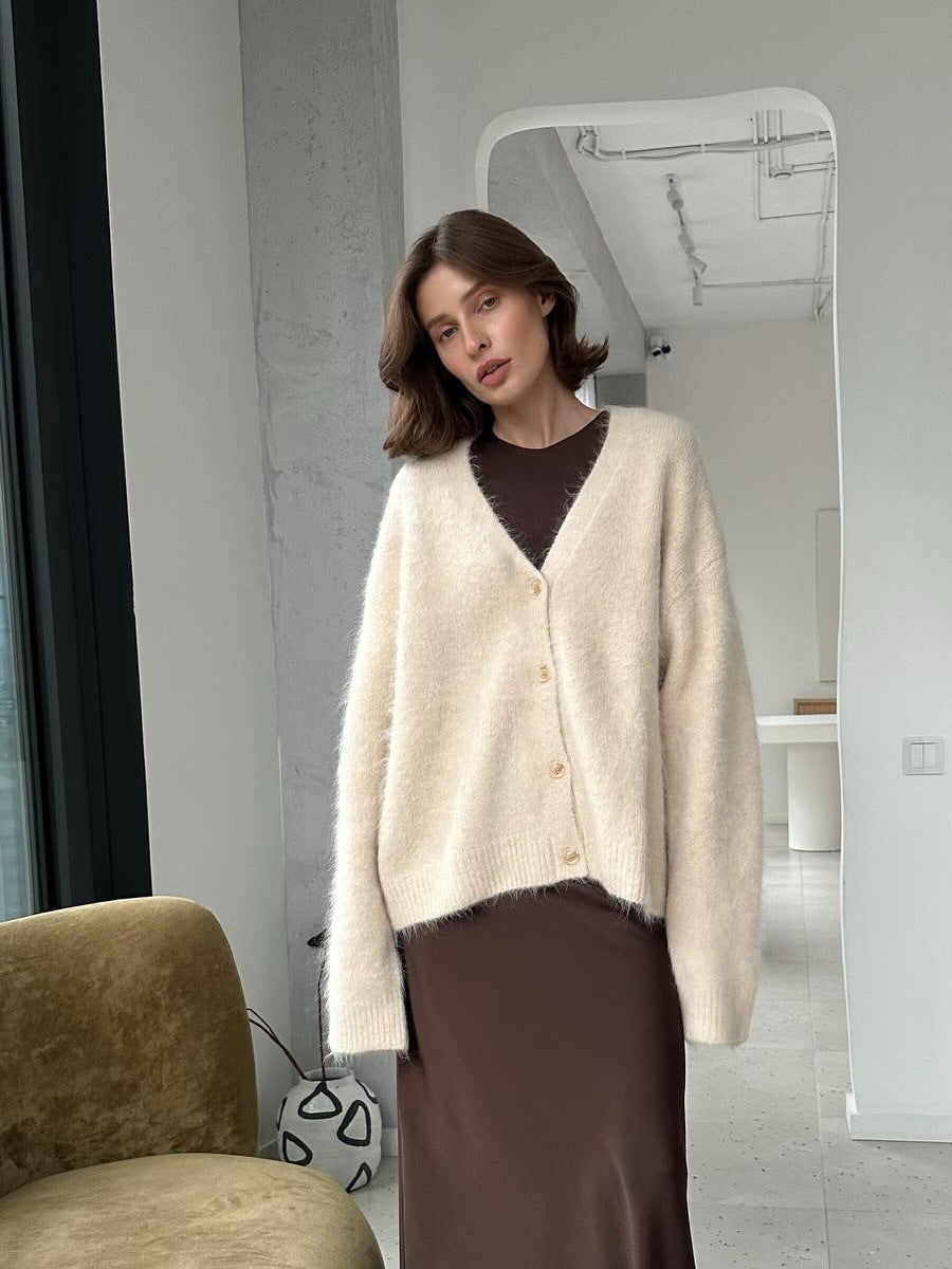 Fuzzy Wool-Blend V-Neck Button Cardigan in Ivory — full-length view on model over a slip skirt