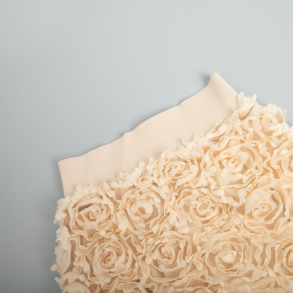 3D Rose Petal A-Line Maxi Skirt in Champagne — close-up of the waistband and petals