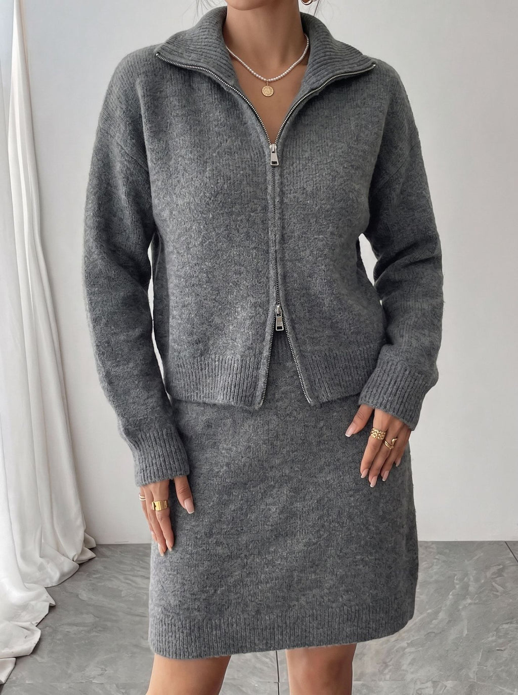 Collared Zip Cardigan and Knit Mini Skirt Set in Heather Gray — front view on model