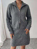 Collared Zip Cardigan and Knit Mini Skirt Set in Heather Gray — front view on model
