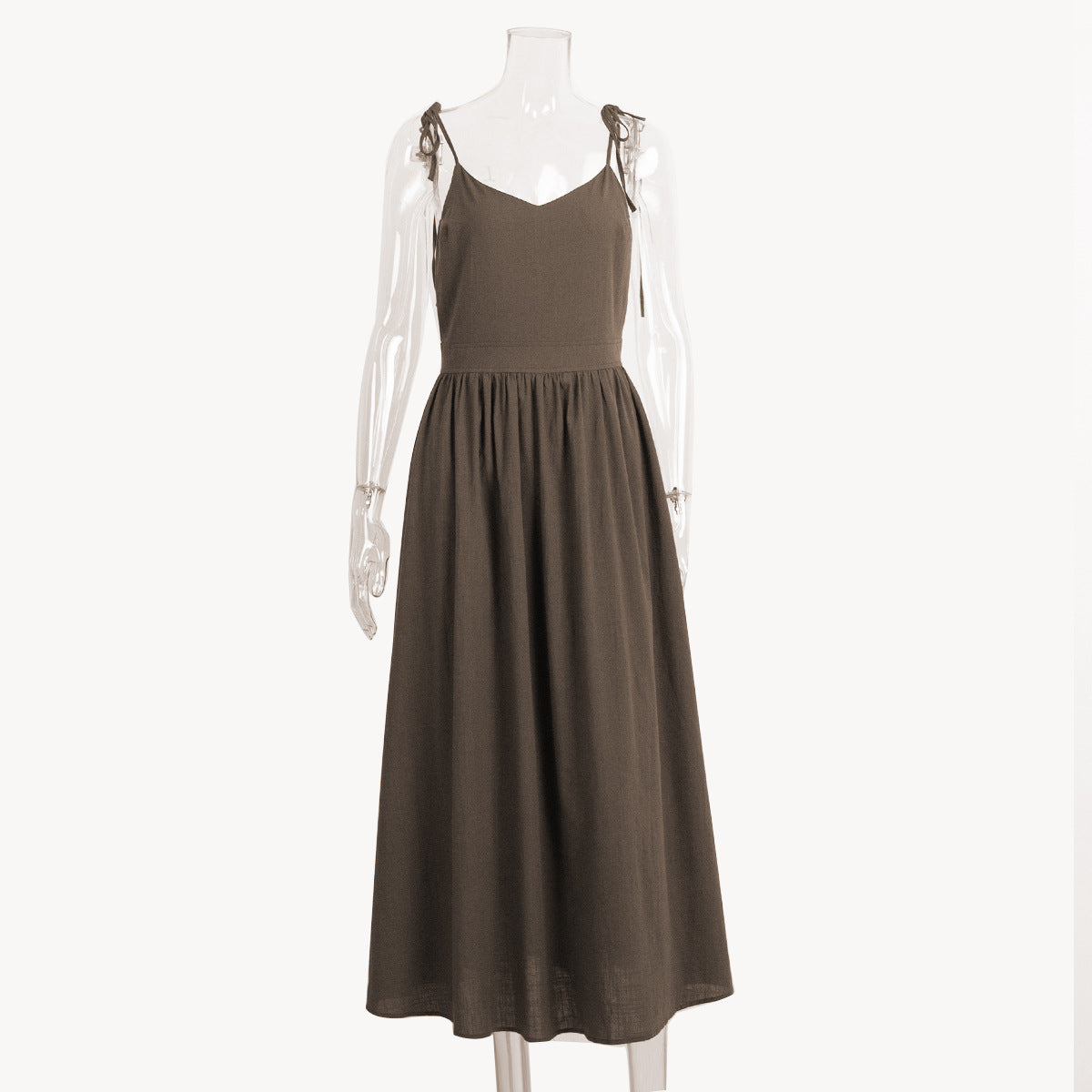 Tie-Shoulder Open-Back Cotton Maxi Dress in Chocolate — front view on mannequin