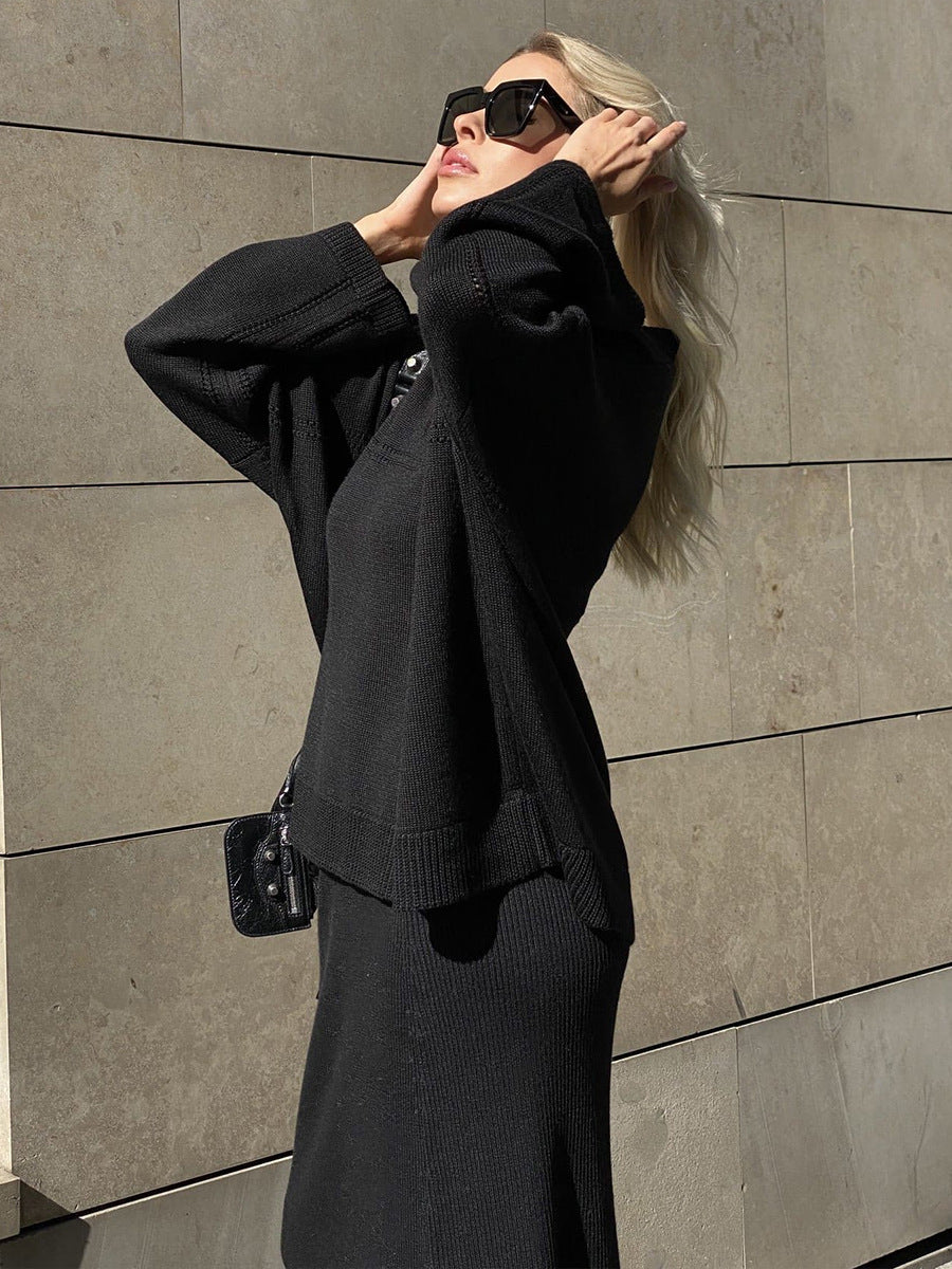Oversized Collared V-Neck Sweater & Knit Maxi Skirt Set in Black — close view on model
