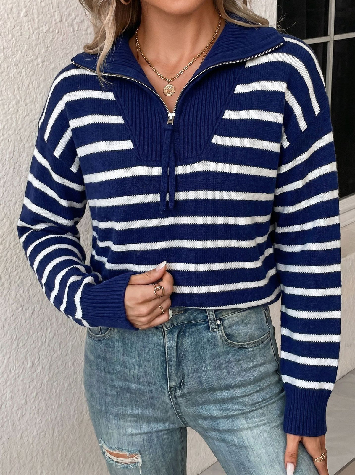 Striped Half-Zip Collared Sweater in Navy & White — front view on model with jeans