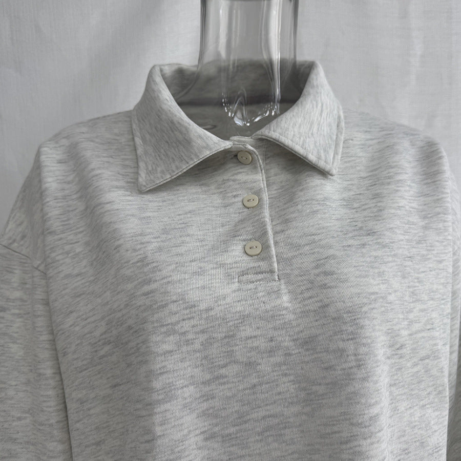 Polo Collar Sweatshirt & Drawstring Wide-Leg Pants Set in Light Gray — close-up of the polo collar
