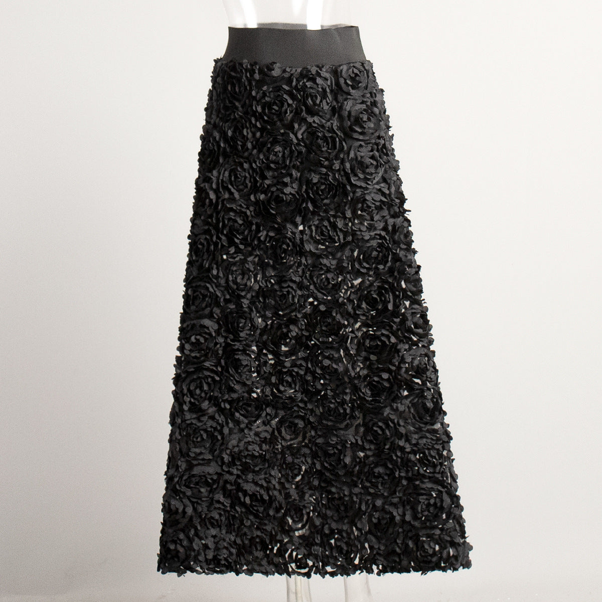 3D Rose Petal A-Line Maxi Skirt in Black — on mannequin
