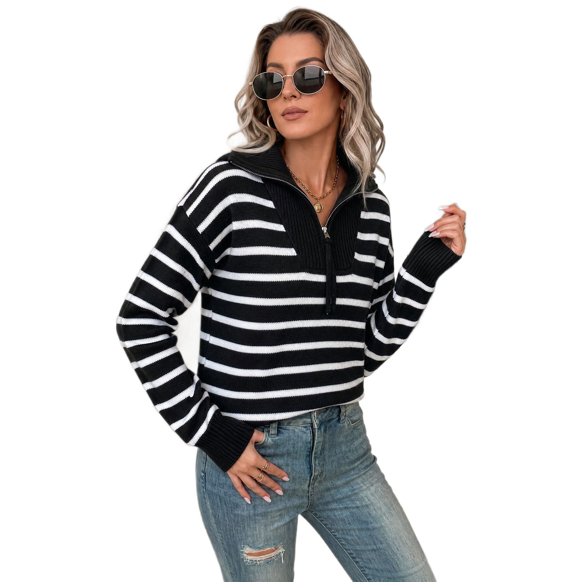 Striped Half-Zip Collared Sweater in Black & White — on model, cut out