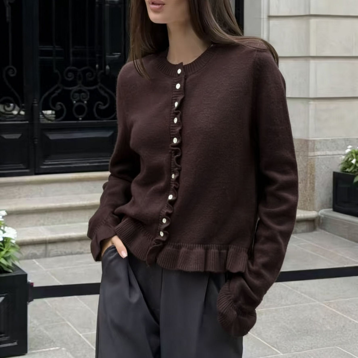 Ruffle-Trim Button-Front Knit Cardigan in Coffee — front view on model