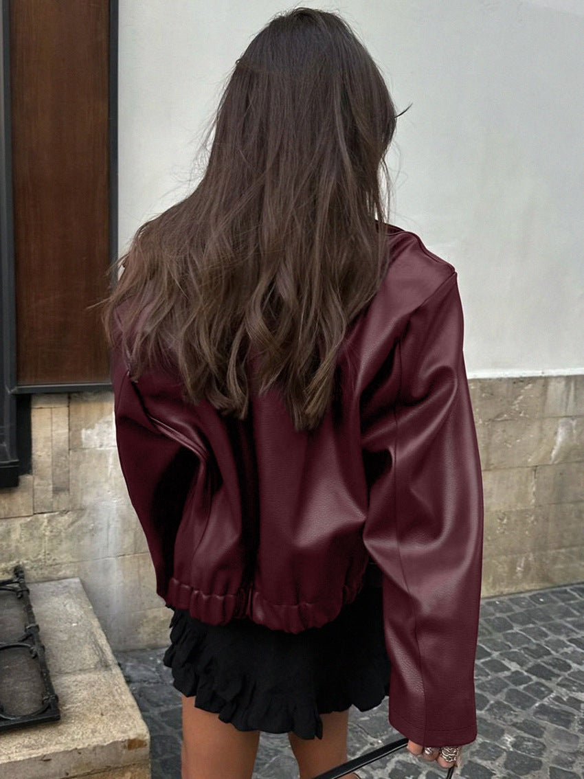 Faux Leather Bomber Jacket with Point Collar in Burgundy — back view on model