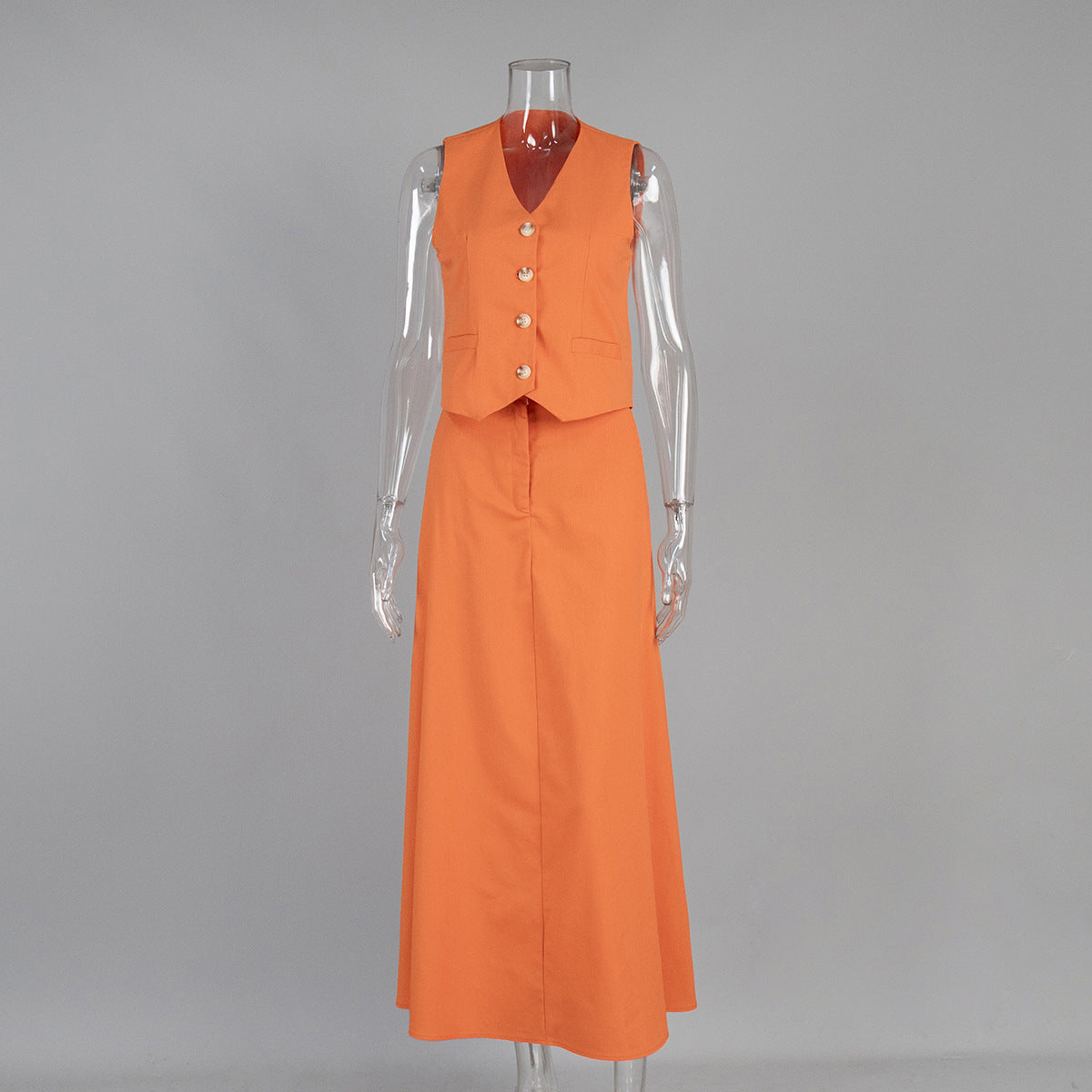 Linen Vest & Maxi Skirt Set in Orange — front view on mannequin