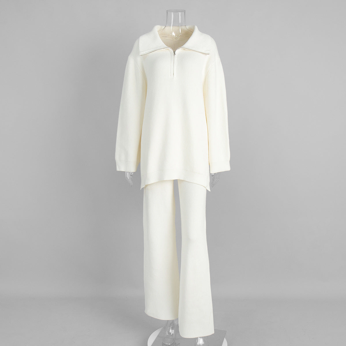Half-Zip Polo Knit Sweater & Wide-Leg Pants Set in Ivory — set front view