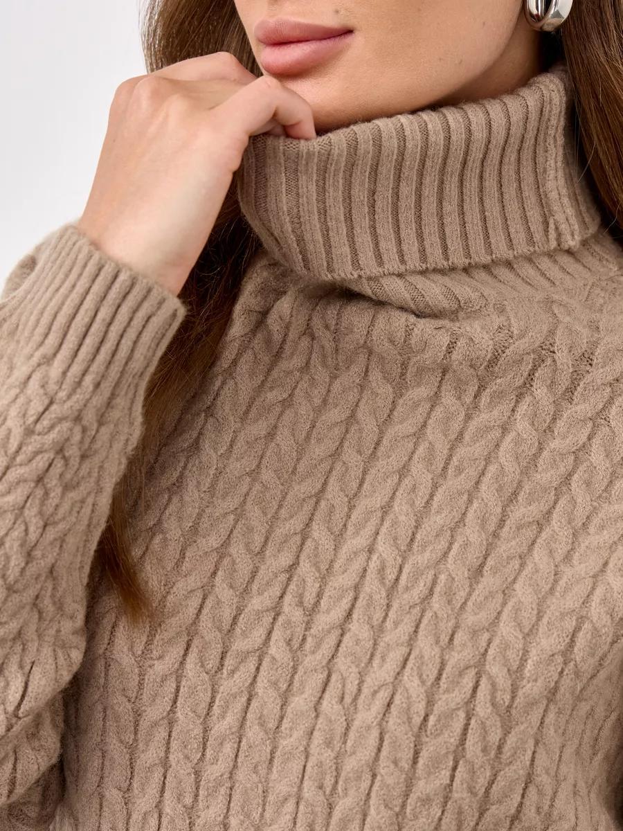 Turtleneck Cable-Knit Midi Sweater Dress in Camel — close-up of the turtleneck