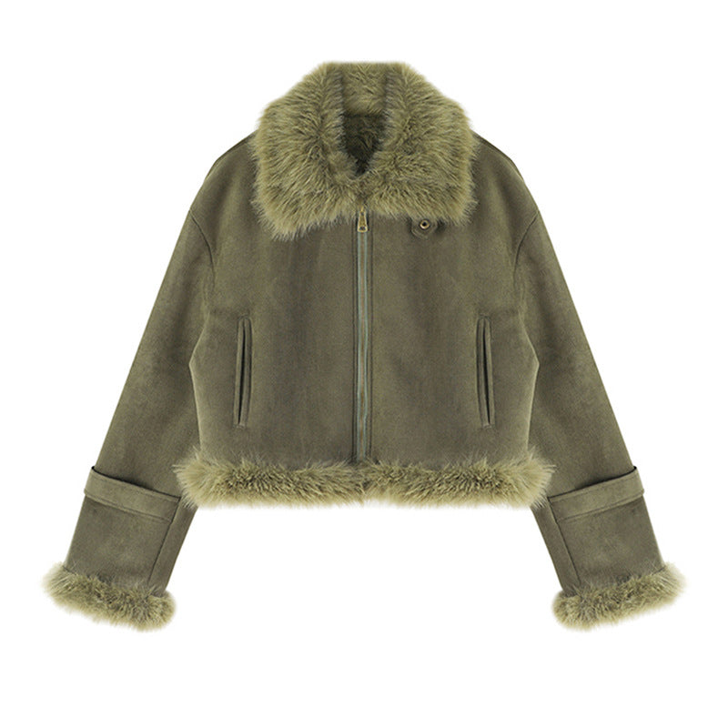 Cropped Faux Suede Shearling Jacket with Faux Fur Collar in Olive — laid flat, front view with collar and cuffs