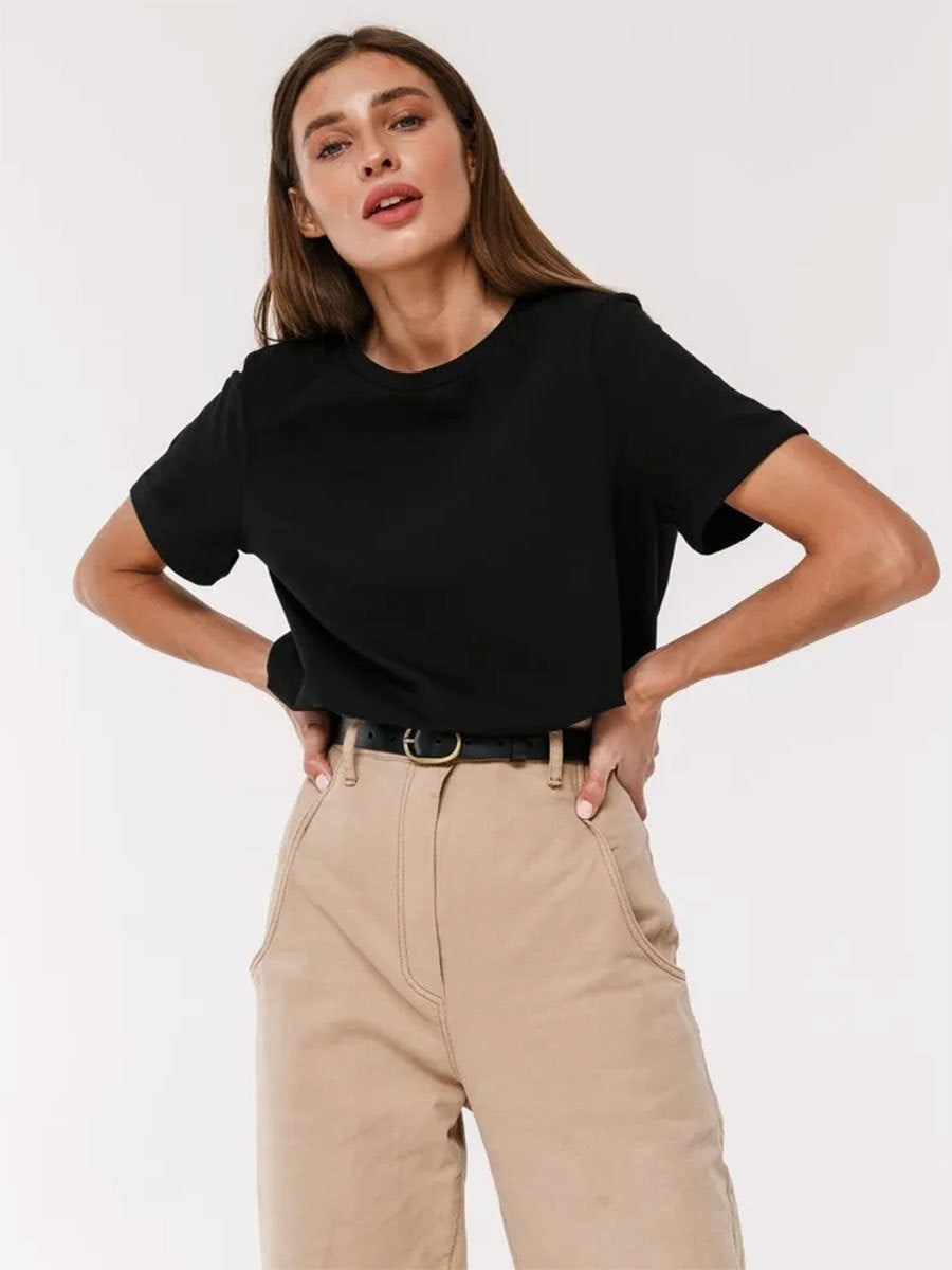 Everyday Cotton Short Sleeve Crew Tee in Black — front view on model