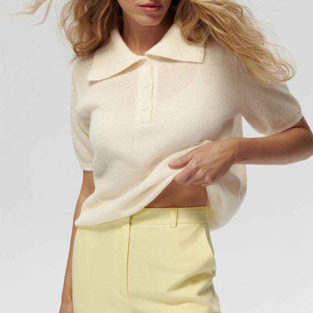 Soft Knit Short Sleeve Polo Top in Cream — front view on model, tucked